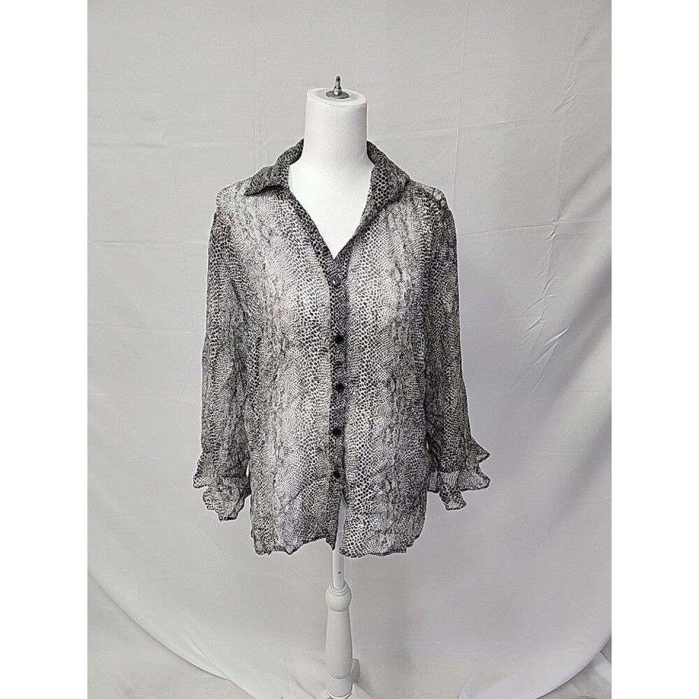 Worthington  silk Sheer Snake Skin Print Button Down Ruffle Cuff Blouse SZ XL